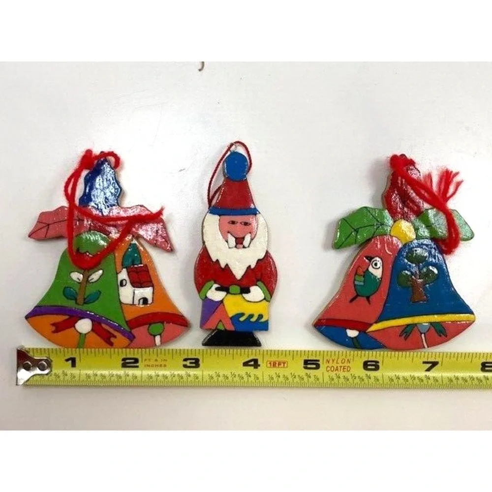 VTG Lot of 4 Handmade‎ Hand Painted Wooden Christmas Ornaments from San Salvador